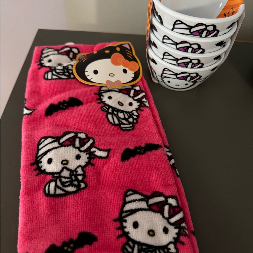 Hello Kitty Halloween Pink Mummy Kitchen Hand Towel & Small HK serving bowls